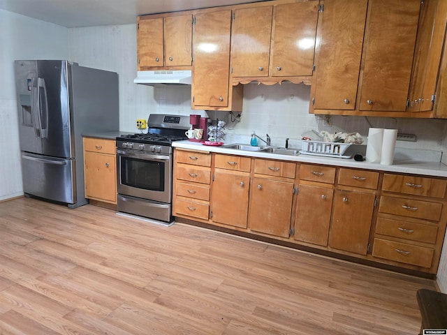 kitchen featuring backsplash, sink, light hardwood / wood-style flooring, and stainless steel appliances