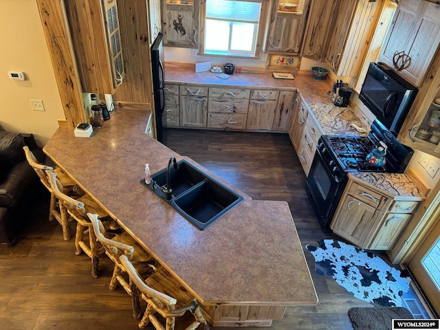 kitchen with black range, sink, and dark hardwood / wood-style flooring