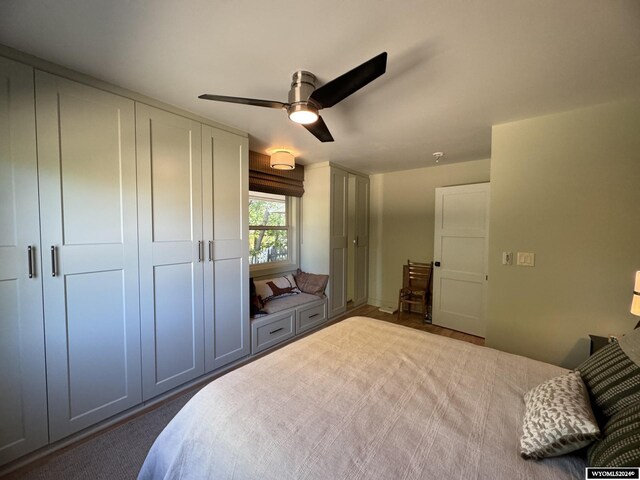 bedroom featuring carpet, ceiling fan, and a closet