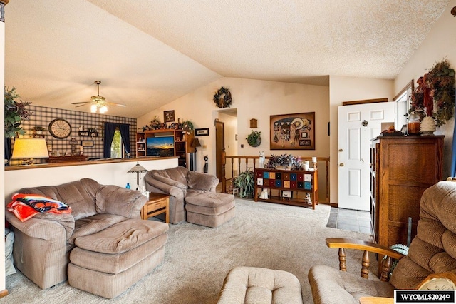 2226 E I St, Torrington, WY 82240 - carpeted living room featuring a ceiling fan, lofted ceiling, and a textured ceiling