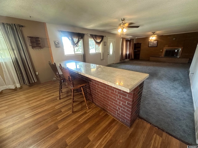 bar with a textured ceiling, dark hardwood / wood-style floors, and ceiling fan