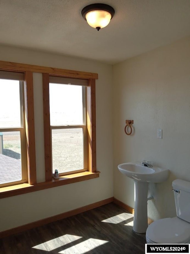 bathroom featuring hardwood / wood-style flooring, toilet, a wealth of natural light, and sink