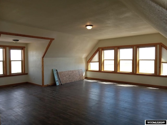 additional living space with dark hardwood / wood-style floors, a healthy amount of sunlight, lofted ceiling, and a textured ceiling