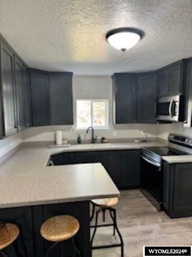 207 W Walnut Sts, Lyman, WY 82937 - kitchen featuring stainless steel appliances, a breakfast bar area, a textured ceiling, light countertops, and light wood finished floors