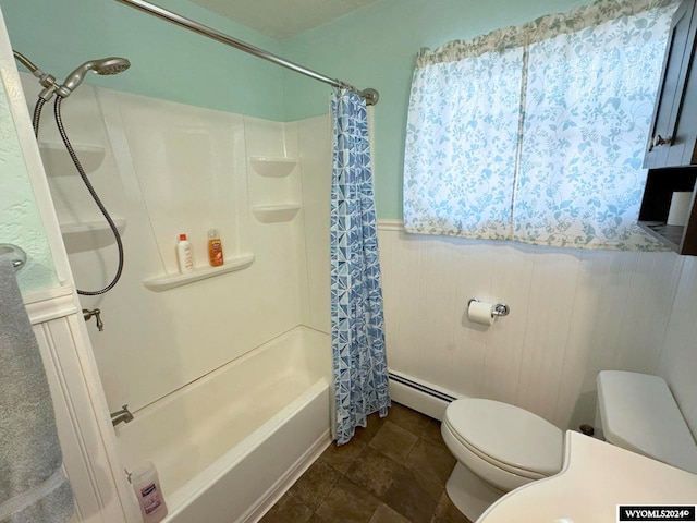 bathroom with shower / bath combo with shower curtain, toilet, and a baseboard heating unit