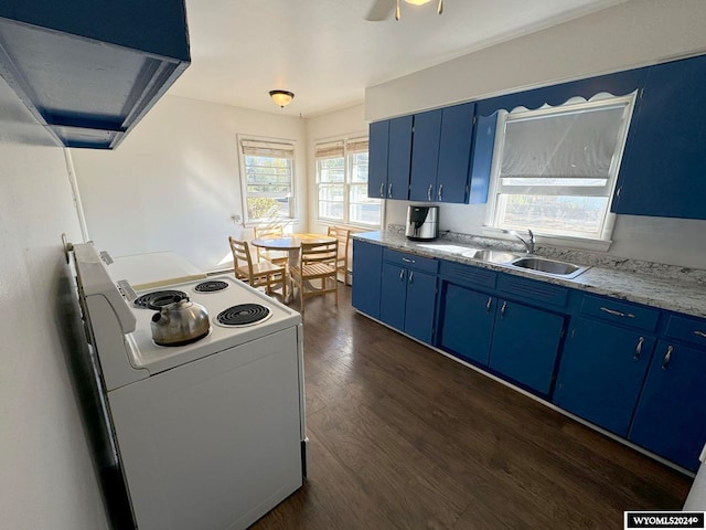 kitchen with blue cabinets, ceiling fan, dark wood-type flooring, range hood, and electric stove