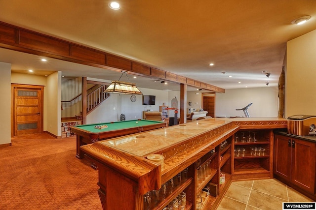 rec room featuring pool table and light carpet