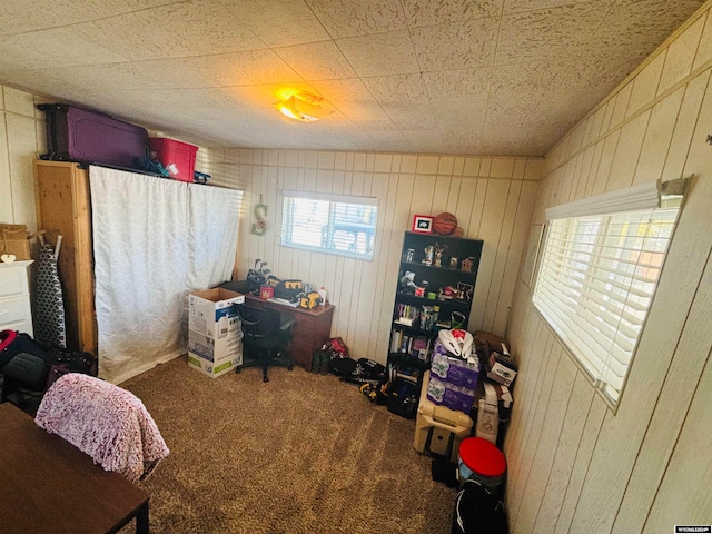 carpeted bedroom featuring wood walls