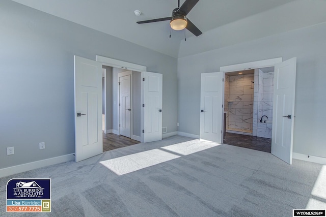 unfurnished bedroom featuring ceiling fan and light colored carpet