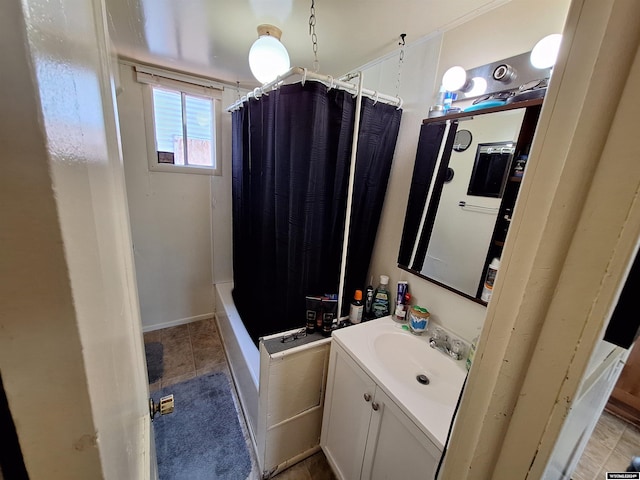 bathroom featuring shower / bath combination with curtain, tile patterned floors, and vanity