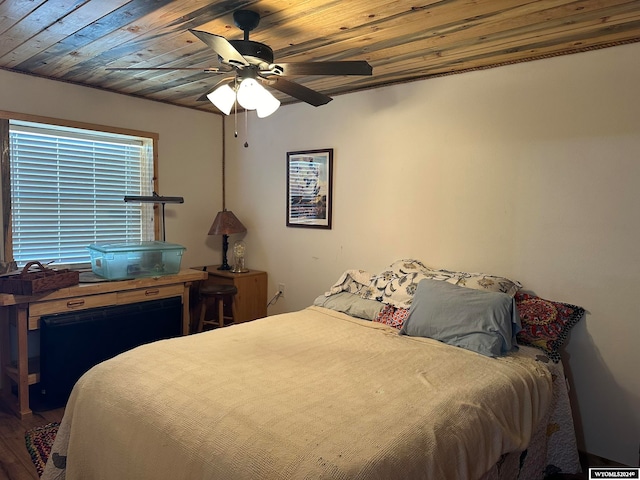 bedroom featuring ceiling fan, wood ceiling, and wood-type flooring