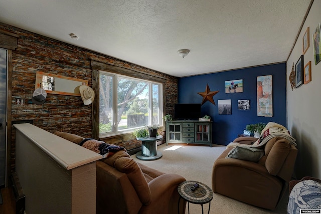 carpeted living room with a textured ceiling