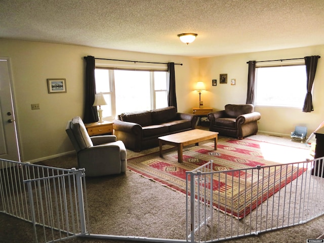 carpeted living room with a textured ceiling