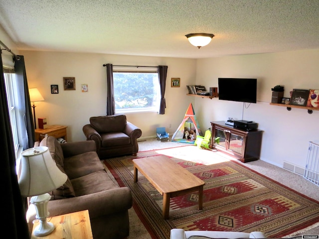 living room featuring carpet floors and a textured ceiling