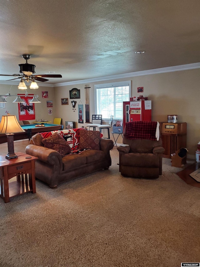 carpeted living room featuring crown molding, ceiling fan, and a textured ceiling