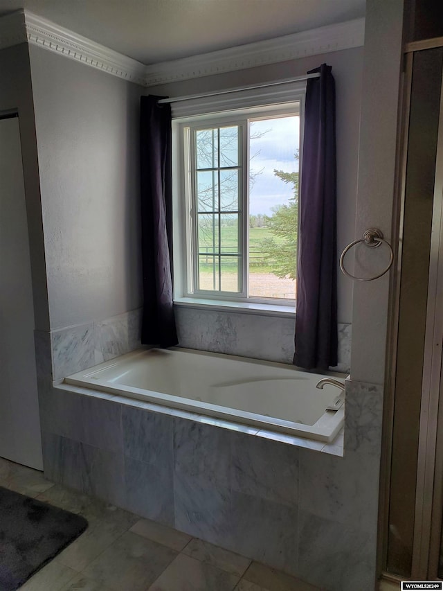 bathroom with tiled tub