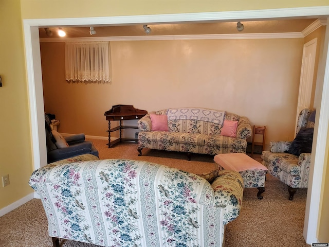 carpeted living room with crown molding