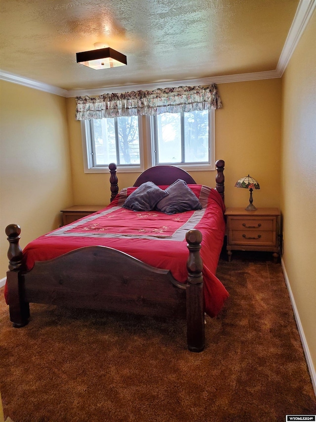 bedroom featuring crown molding, ceiling fan, dark carpet, and a textured ceiling