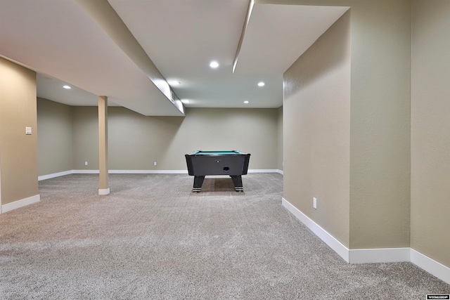 recreation room with billiards and carpet flooring