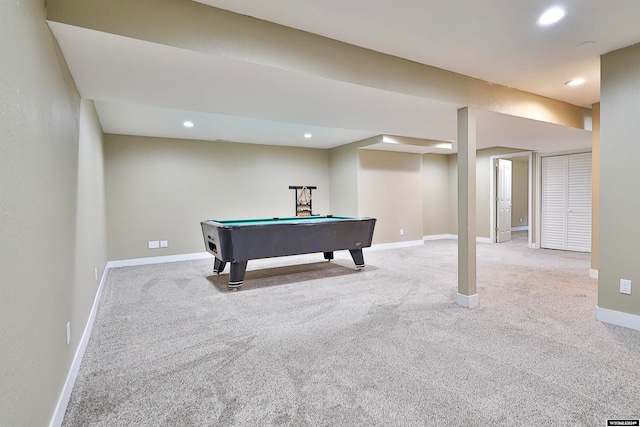 recreation room featuring pool table and light carpet