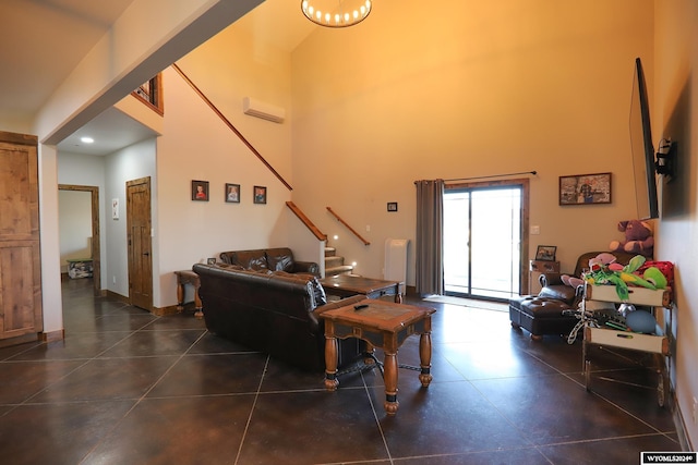 tiled living room with a towering ceiling