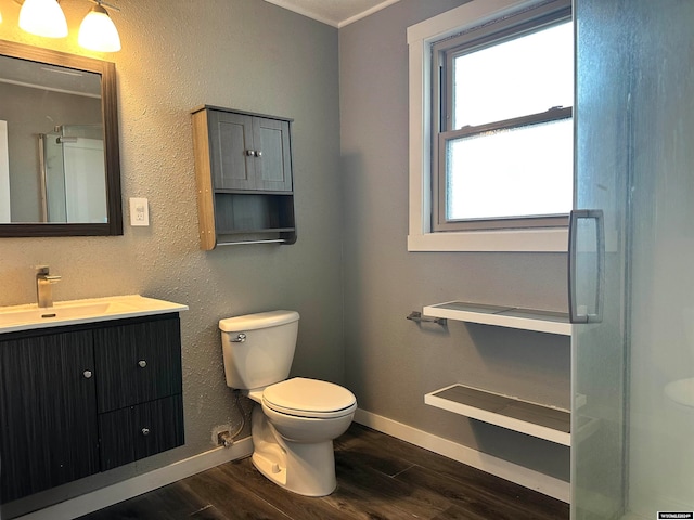 bathroom with vanity, toilet, and wood-type flooring