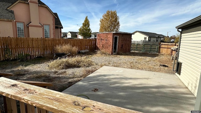 view of yard featuring a patio and a storage unit