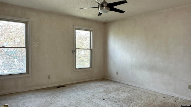 spare room with a wealth of natural light, a textured ceiling, light colored carpet, and ceiling fan