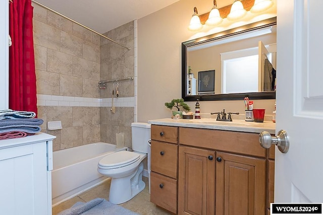 full bathroom with toilet, vanity, shower / bath combination with curtain, and tile patterned flooring