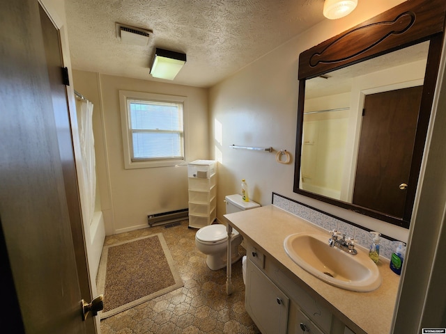 full bathroom featuring toilet, vanity, a textured ceiling, and a baseboard radiator