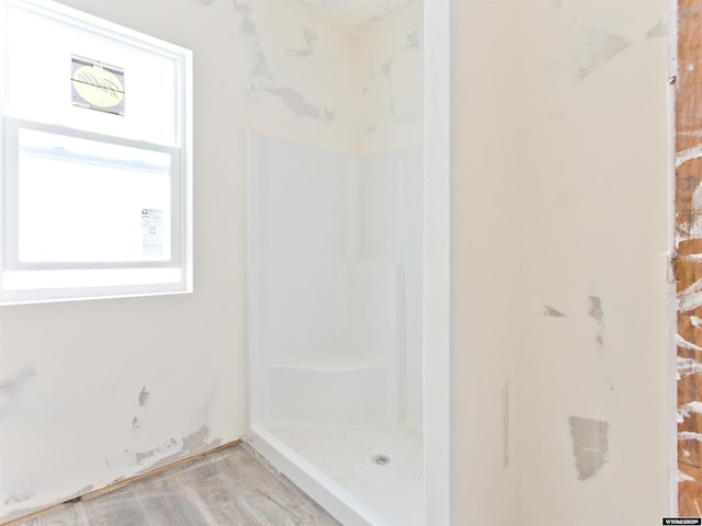 full bathroom featuring a stall shower and wood finished floors