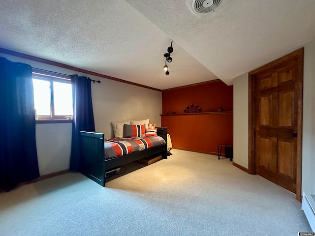 36 County Road 211, Riverside, WY 82325 - carpeted bedroom with ornamental molding, a textured ceiling, and a baseboard heating unit