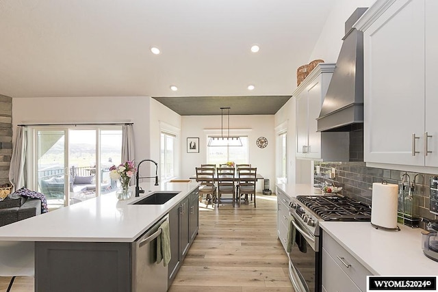 kitchen with sink, premium range hood, appliances with stainless steel finishes, and plenty of natural light