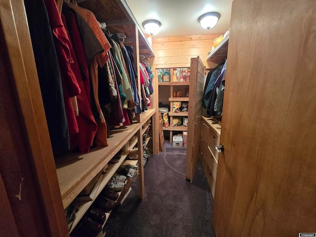 spacious closet featuring dark carpet