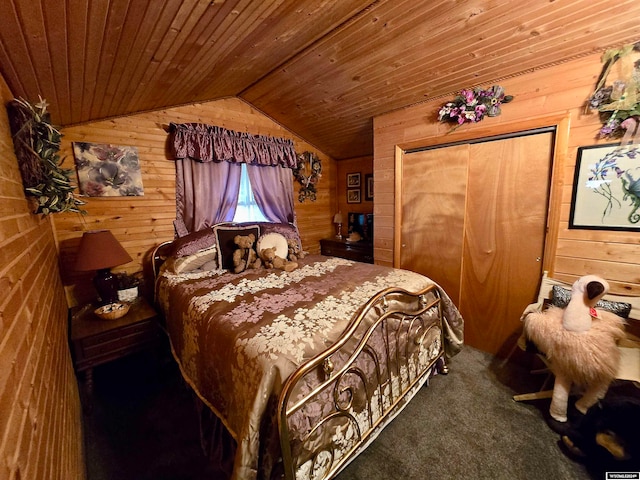 bedroom featuring wood walls, wood ceiling, a closet, vaulted ceiling, and carpet