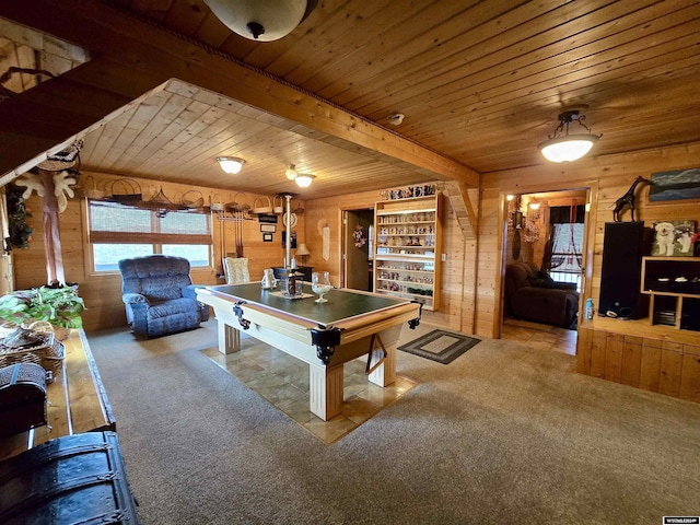 43 Red Cliff Dr, Lander, WY 82520 - playroom featuring carpet flooring, pool table, wood walls, and wood ceiling