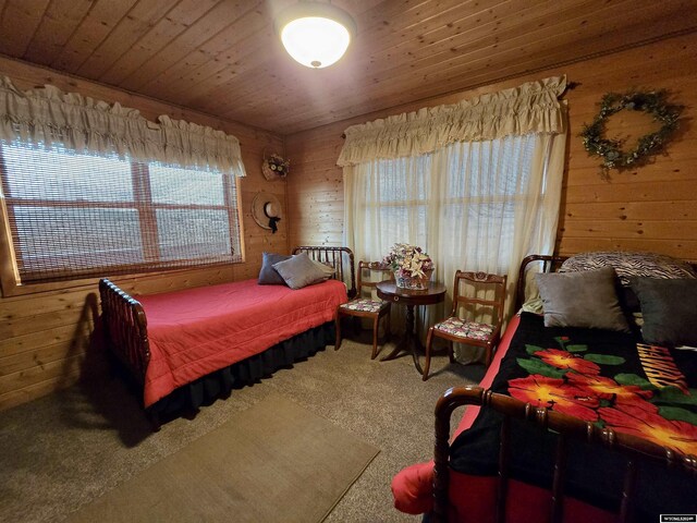 43 Red Cliff Dr, Lander, WY 82520 - carpeted bedroom featuring wooden walls and wooden ceiling