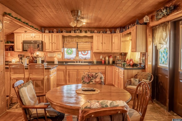 kitchen featuring light brown cabinetry, wooden ceiling, sink, and ceiling fan