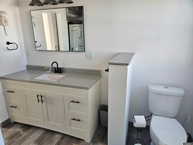 bathroom featuring toilet, vanity, and hardwood / wood-style flooring