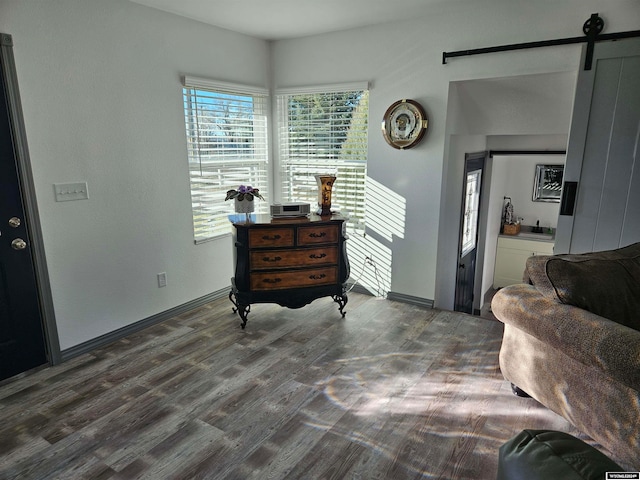 sitting room featuring dark hardwood / wood-style flooring and a barn door