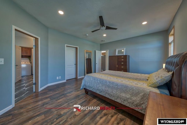 1559 Rd 13, Worland, WY 82401 - bedroom with dark wood-type flooring, baseboards, recessed lighting, washer / dryer, and a ceiling fan