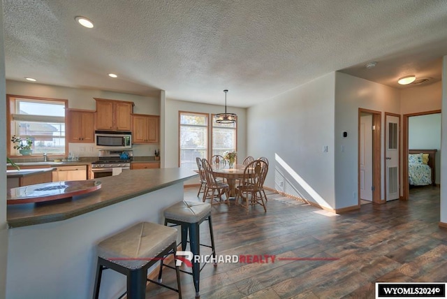 kitchen with dark hardwood / wood-style flooring, appliances with stainless steel finishes, a textured ceiling, a kitchen bar, and pendant lighting