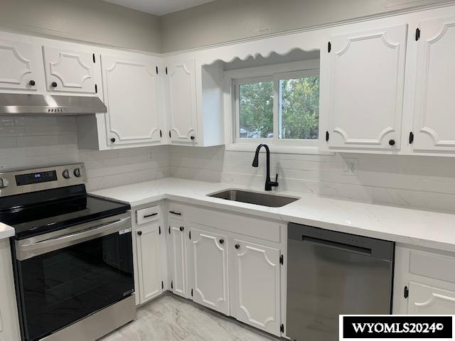 kitchen with stainless steel appliances, white cabinetry, tasteful backsplash, and sink