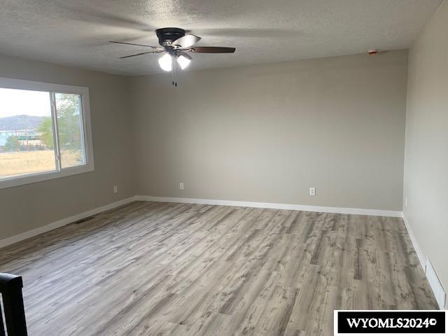 empty room featuring ceiling fan, a textured ceiling, and light hardwood / wood-style flooring