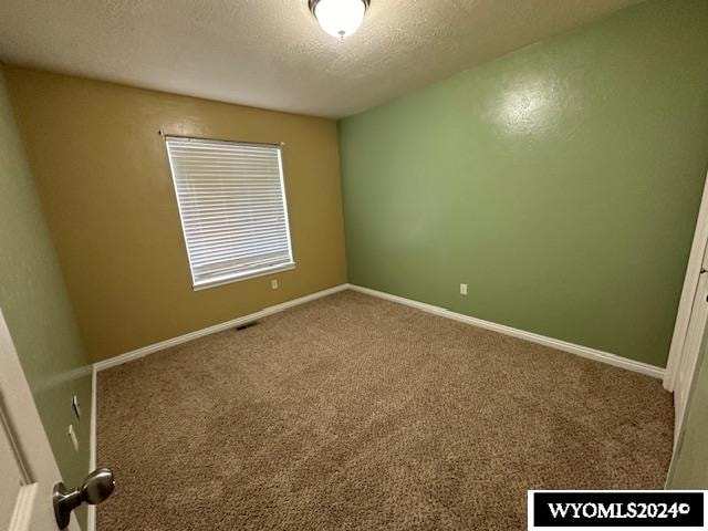 carpeted empty room featuring a textured ceiling