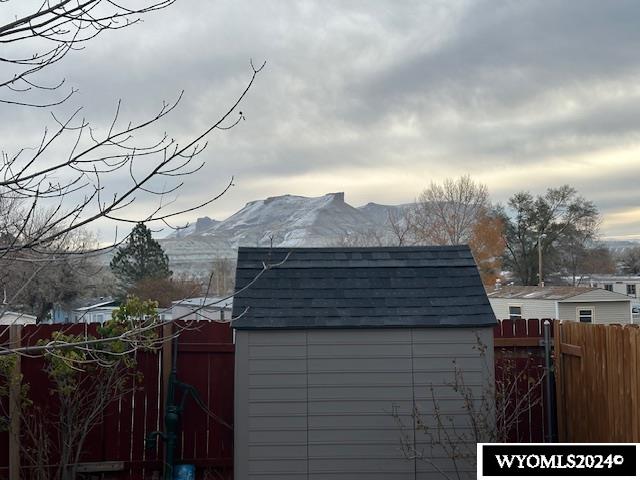 view of outdoor structure featuring a mountain view