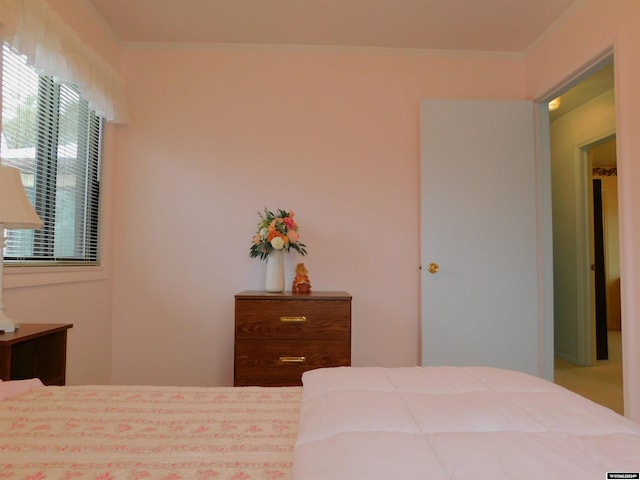 carpeted bedroom featuring ornamental molding