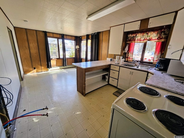 kitchen with kitchen peninsula, white cabinetry, wooden walls, and sink