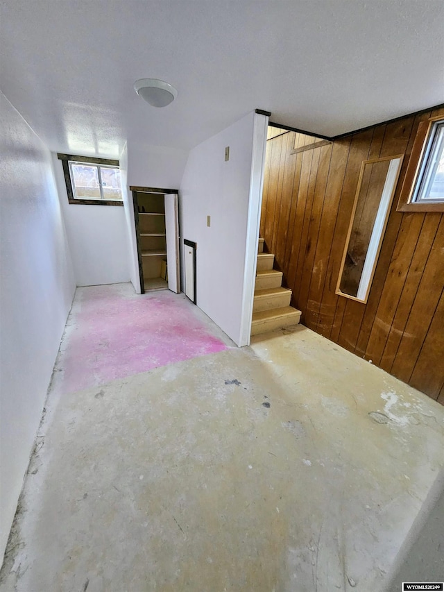 basement featuring wood walls