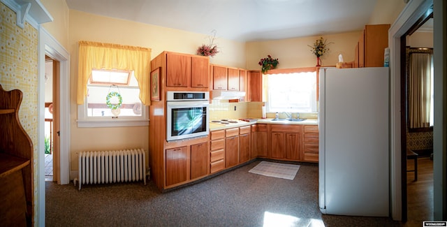 kitchen featuring a wealth of natural light, radiator, white appliances, and sink